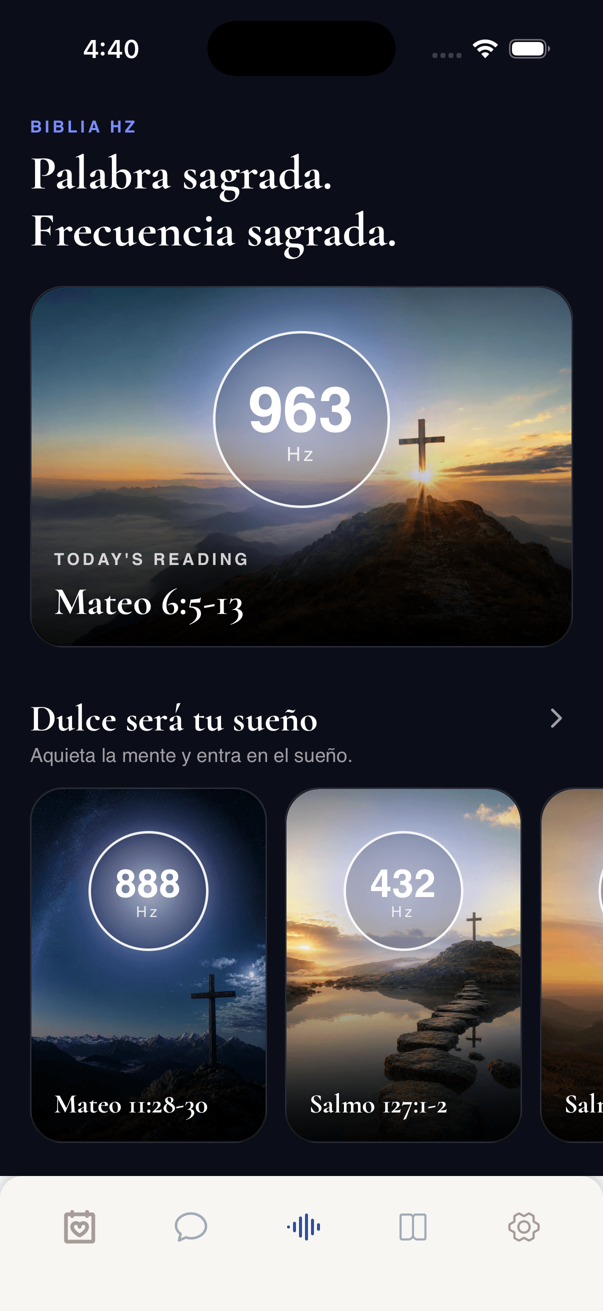 Pantalla de frecuencias de Bible Hz — 963 Hz sobre la lectura de hoy