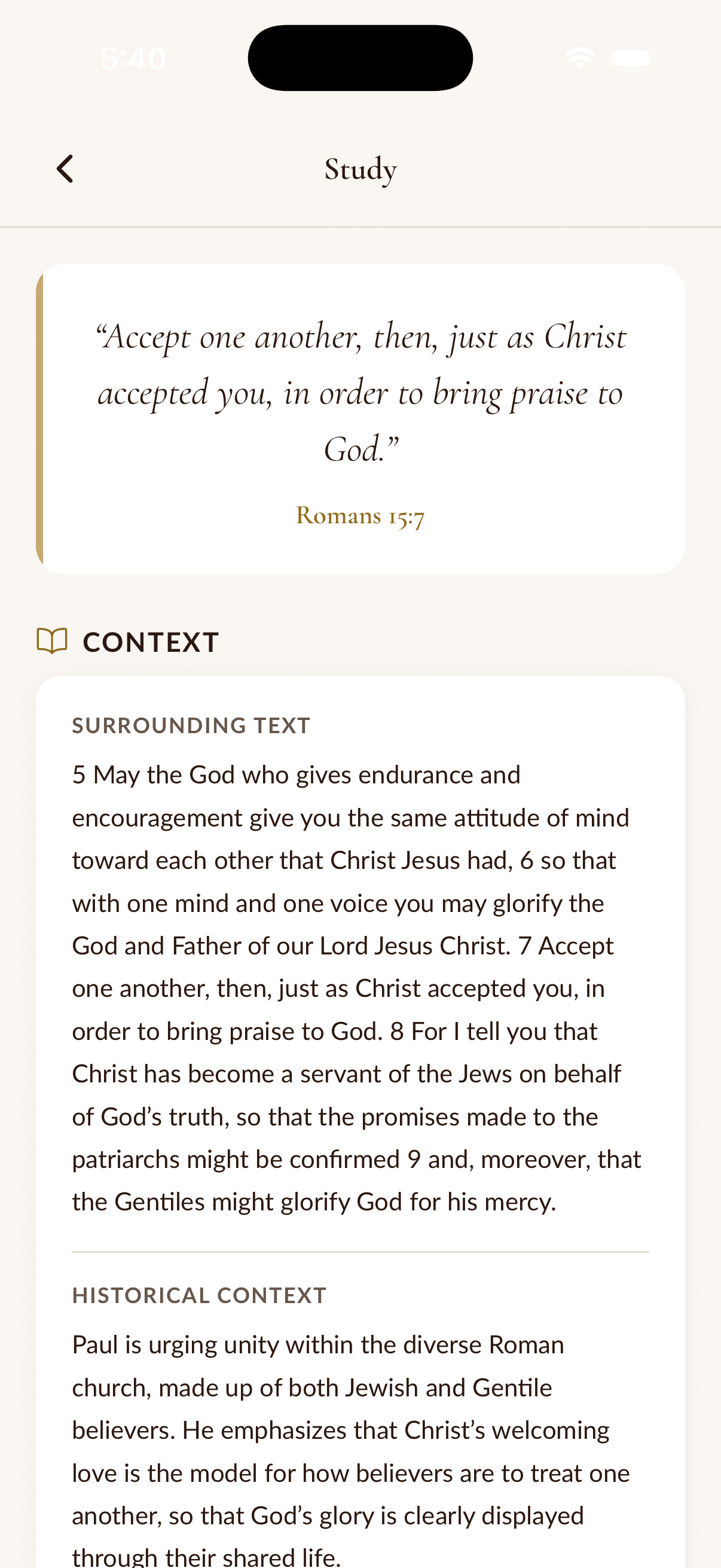 Study view — surrounding text, historical context, translations, and prayer