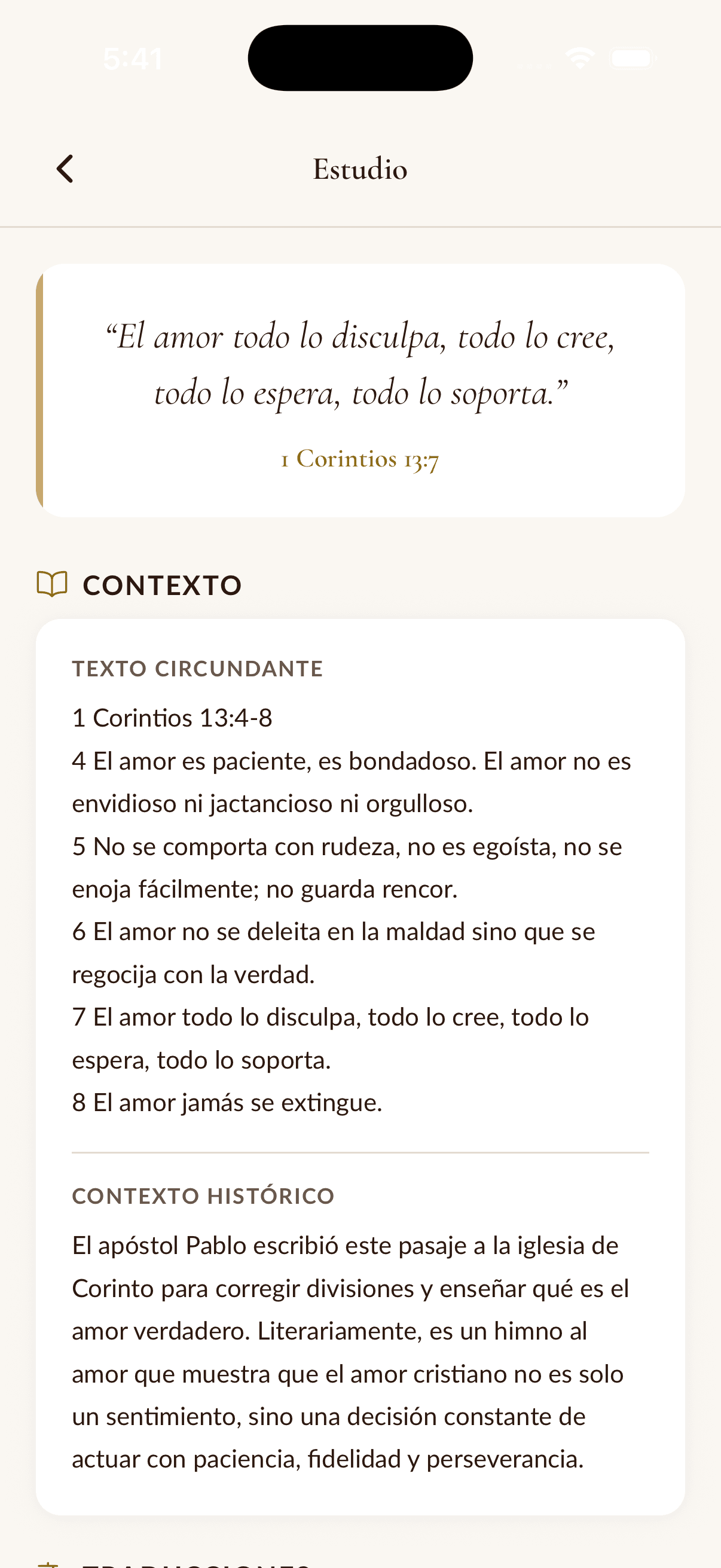 Vista de estudio — texto circundante, contexto histórico, traducciones y oración